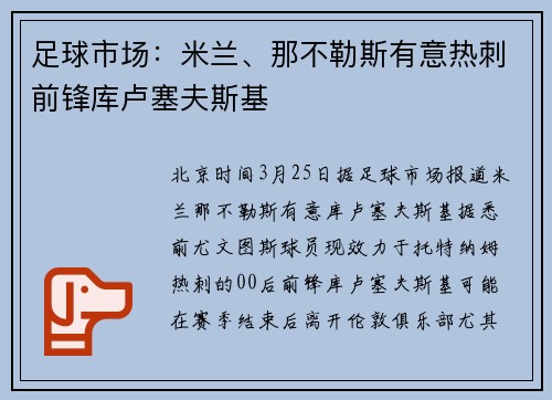 足球市场：米兰、那不勒斯有意热刺前锋库卢塞夫斯基
